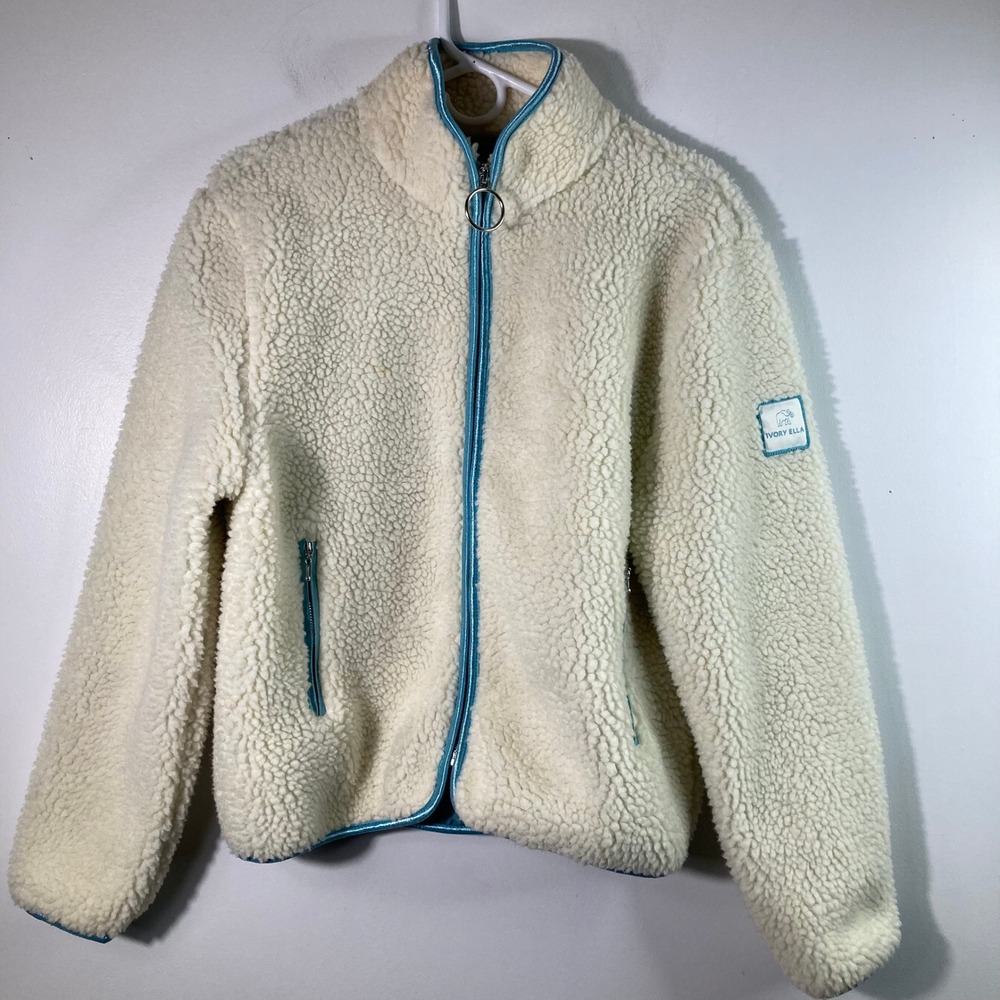 Ivory Ella Sherpa Fleece Jacket Cream Blue Trim Zip Up Women's Medium
